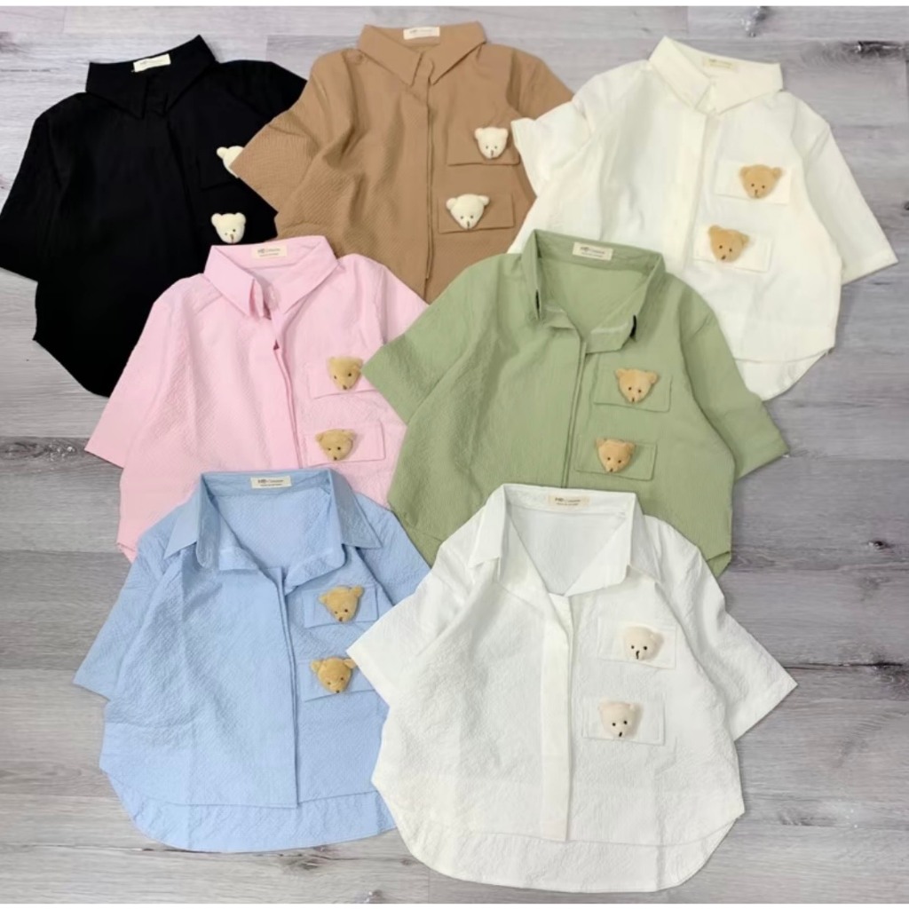 Áo Sơ Mi Nữ Form CROPTOP Chất Xốp Lụa Cổ Bẻ Tay Ngắn Nắp Túi Gấu Kute