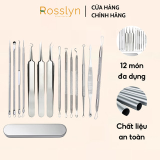 Bộ nặn mụn 12 món chất liệu thép không gỉ an toàn cho da Rosslyn Cosmetic QT129