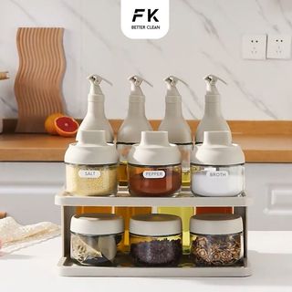 Combo gia vị INGE kèm khay đựng xinh xắn, set lọ đựng gia vị và chai dầu ăn sang trọng
