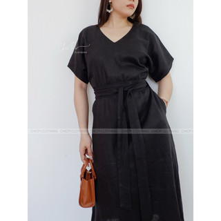 Đầm linen tưng dáng suông cổ tim thoải mái phóng khoáng kiểu Hàn