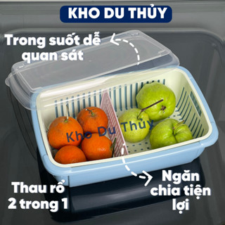 Bộ thau rổ có nắp đậy và miếng chia ngăn tiện lợi rửa rau quả đựng thực phẩm tủ lạnh màu hồng, xanh mint, vàng, dương