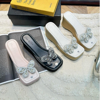 Dép nữ quai ngang nơ đá đế xuồng cao 7cm chất da xịn đẹp hàng fullbox QC - Dép xinh viền đá bling