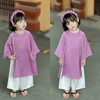 Áo dài lụa tím ngọc trai cho bé gái đính ngọc trai ở cổ và tay