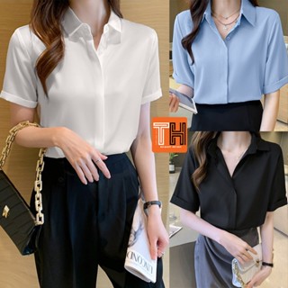 Áo sơ mi nữ trắng tay ngắn dáng suông giấu nút đẹp rạng ngời nơi công sở