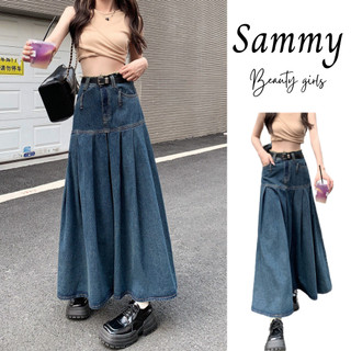 Chân váy jean cạp tua rách xếp ly dáng dài dày dặn co giãn, chân váy xếp ly siu hack dáng Sammy house CVJeancaptuarua132