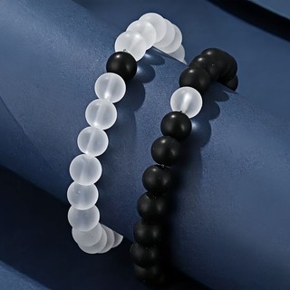 Vòng tay đôi nam nữ chuỗi hạt đá onyx màu đen và trắng mờ 8mm thời trang, vòng cặp tình yêu.