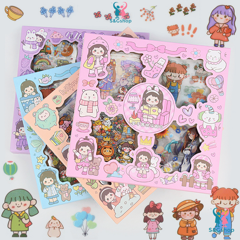 Hộp sticker 100 tấm hình dán cute trang trí sổ tay, nhật ký cô gái dễ thương đáng yêu giá rẻ