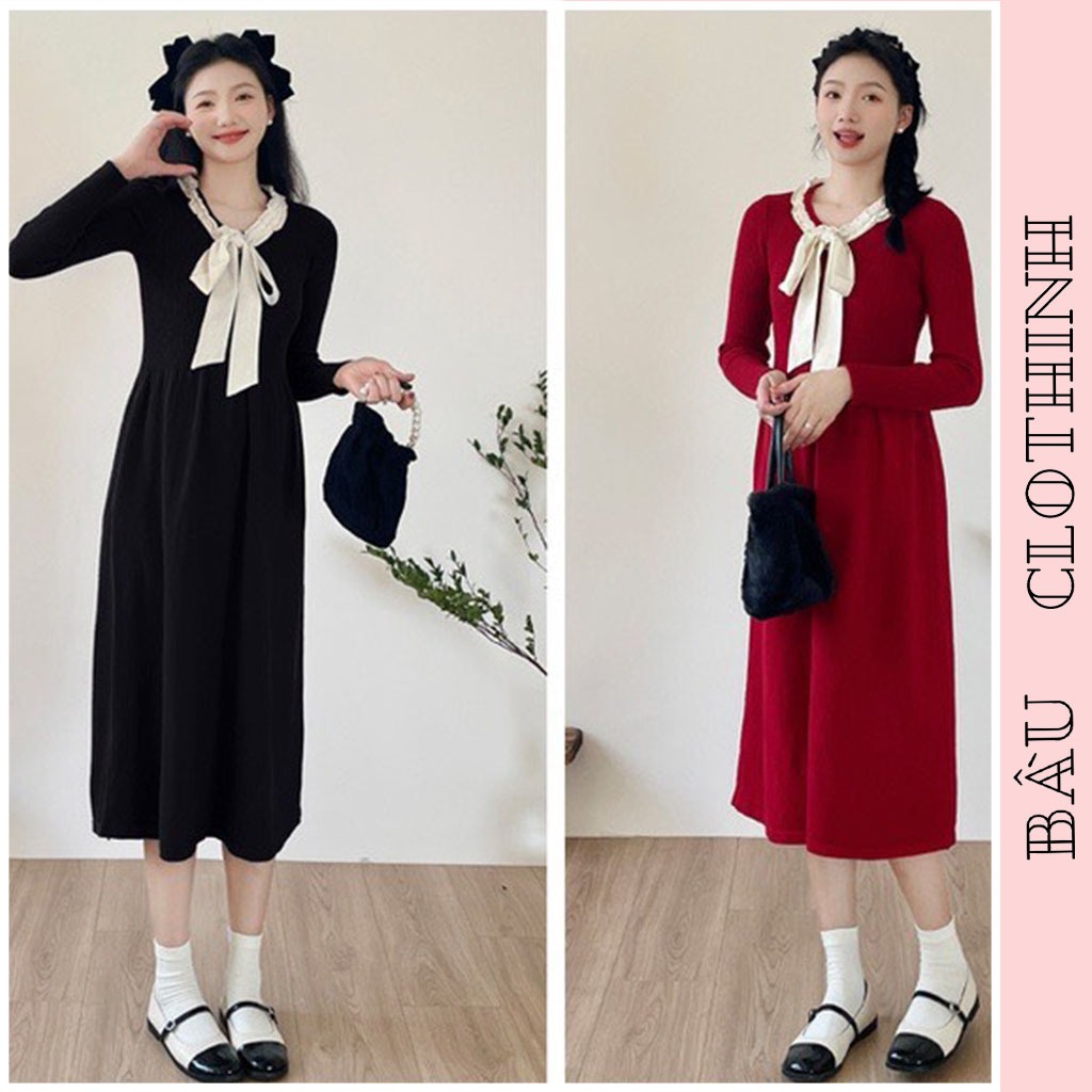 ĐẦM BẦU DÁNG DÀI VL692 LEN DỆT KIM DÁNG SUÔNG KHĂN LIỀN BUỘC NƠ ĐIỆU ĐÀ - ĐẦM VÁY CÔNG SỞ DỰ TIỆC HOT TREND FREESIZE