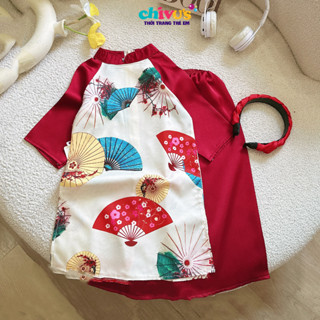 Áo dài Tết cho bé gái mẫu mới năm 2025 CHIVU'sKID chất lụa gồm 3 chi tiết cho bé 1 2 3 4 5 6 7  tuổi