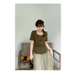 Áo thun màu rêu cổ U nhún 2 bên big size 5XL 90-110kg