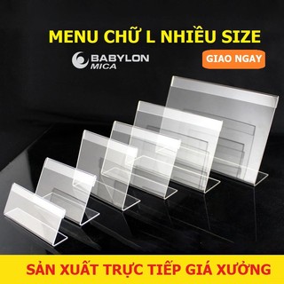 Menu mica l mini nhiều kích thước, bảng mica để giá, kệ chức danh