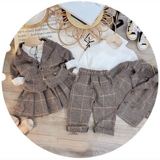 Bộ quần áo dạ kẻ cho bé trai bé gái set vest mặc đi chơi bộ vest kẻ phối túi phom đứng cho bé yêu