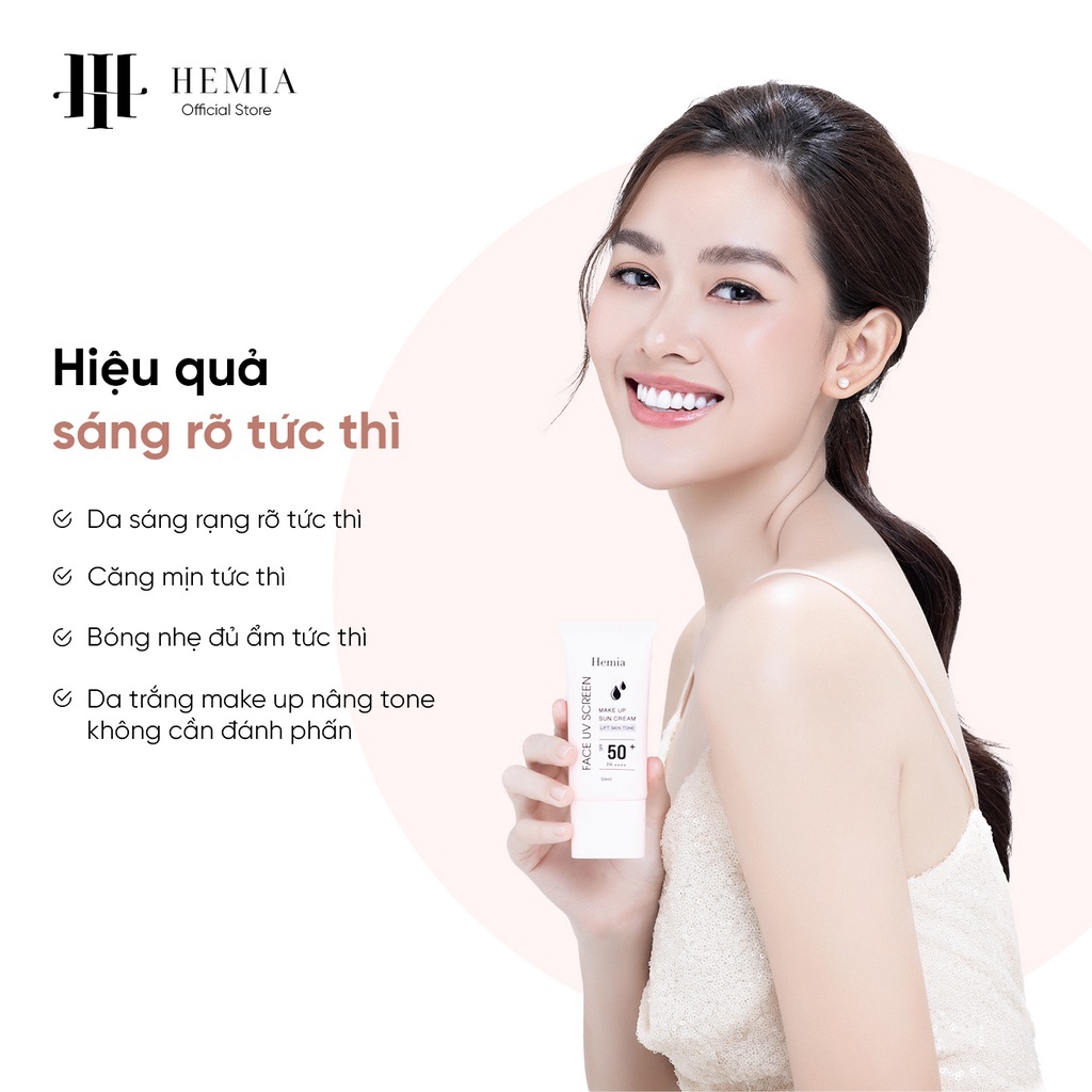 Kem chống nắng Hemia 50+ nâng tone trắng da kiềm dầu cho da dầu mụn da khô da nhạy cảm chính hãng Hàn Quốc 50ml