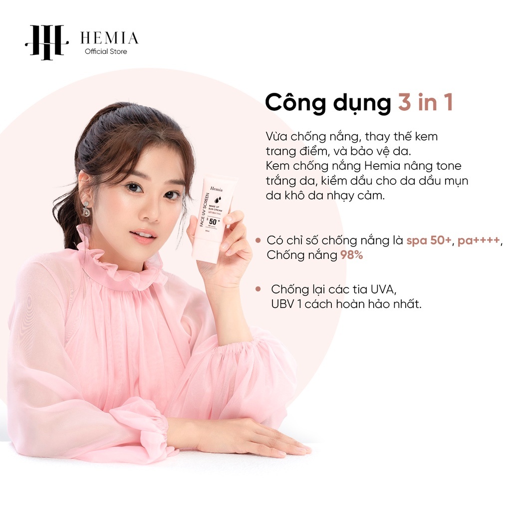 Kem chống nắng Hemia 50+ nâng tone trắng da kiềm dầu cho da dầu mụn da khô da nhạy cảm chính hãng Hàn Quốc 50ml