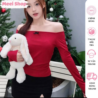 Áo trễ vai nữ tay dài đính nơ Meei Shop,Áo kiểu nữ trễ vai ôm body đính nơ mặc noel,tết đi chơi phong cách nữ tính-A403
