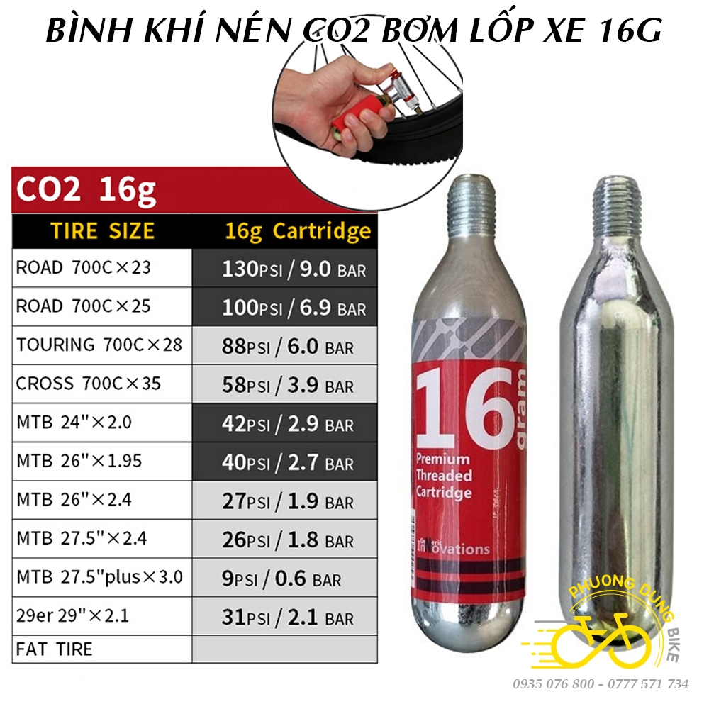 Bình khí nén CO2 bơm hơi xe đạp 16G