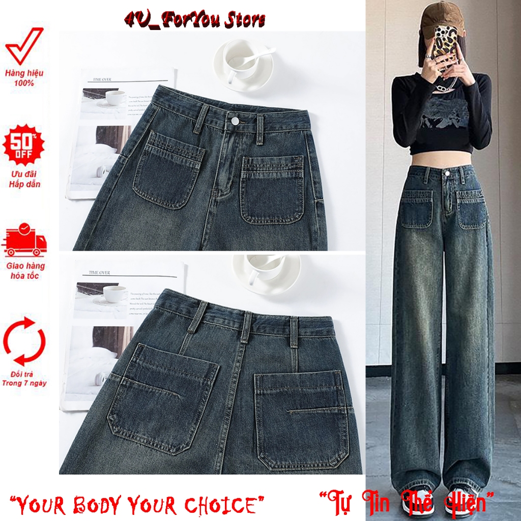 Quần Jeans Nữ Ống Rộng Cạp Cao Túi Ngang Phong Cách Kiểu Baggy Ống Rộng Ảnh Thật Siêu Hot 2023 Đến Từ 4U_ForYou