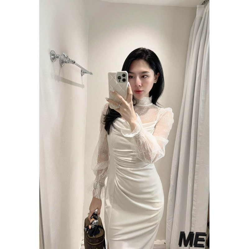 đầm trắng phối ren đầm tiệc cao cấp