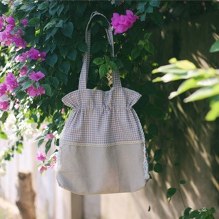 Túi tote dạng dây rút vải linen caro nâu phối ren mang được 2 mặt (Hoa Hòe Handmade)