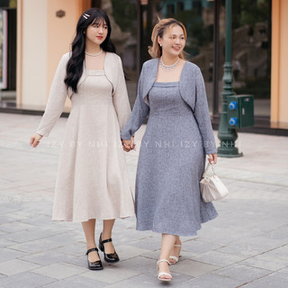 Set bigsize váy dạ hai dây dáng dài + áo khoác - izybynhi bigsize