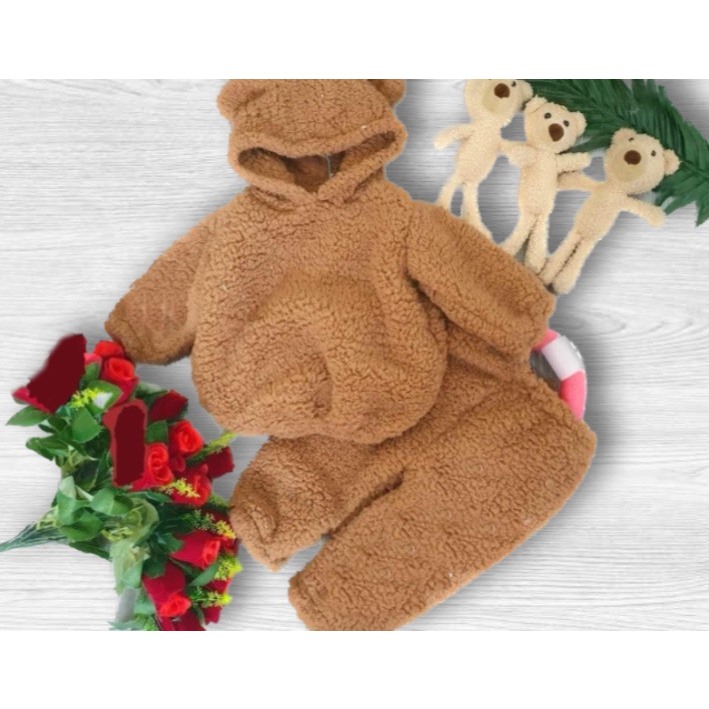 Bộ quần áo nỉ bông mũ gấu cho bé màu ngẫu nhiên