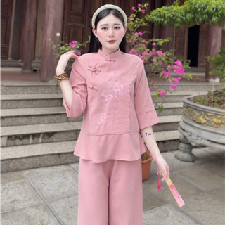 Bộ lam đi chùa, đồ bộ pháp phục nữ chất lam đũi thêu hoa mẫu lam đi chùa - lễ phật trang nhã lịch sự