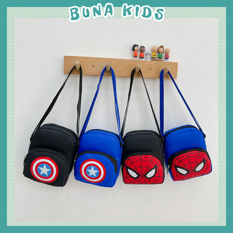Túi đeo chéo người nhện, túi đeo chéo bé trai vải nylon cho bé từ 3-10 tuổi hình siêu nhân, ngăn để rộng Bunakids PK86