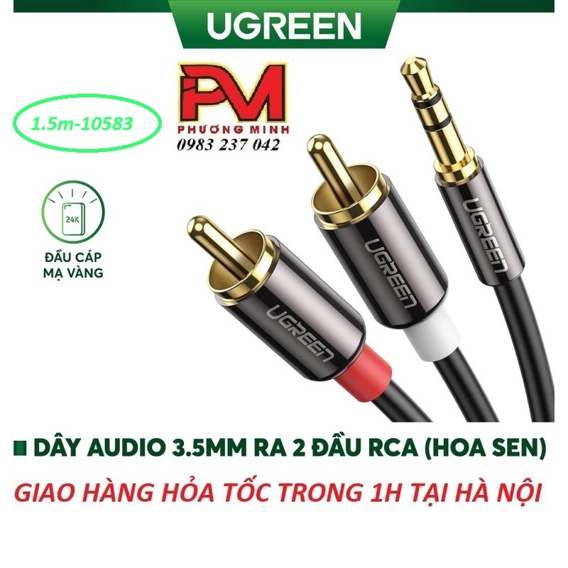 Cáp loa 3.5mm ra 2 đầu AV 5m UGREEN 10583 - Dây audio 3.5 ra 2 đầu RCA (Hoa sen) 1.5 mét UGREEN 10583_Hàng chính hãng