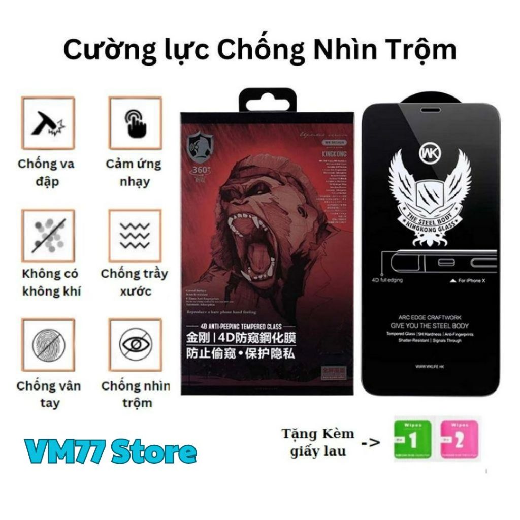 Kính cường lực chống trộm Kingkong, cường lực iphone x/iphone xs/iphone 11pro 4D full màn hình