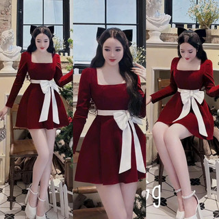 ĐẦM NHUNG ĐỎ CỔ U ĐÍNH NƠ