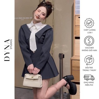 Váy phối cổ sơ mi cavat 𝐀𝐒𝐇𝐘𝐋𝐄𝐘 chân phối xếp ly (Không kèm belt)