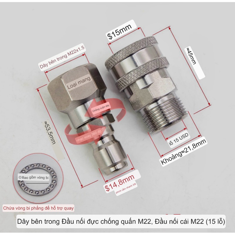 Khớp nối nhanh 3/8 INOX chống xoắn dây Lỗ 15mm lắp sung Rửa xe -H2T