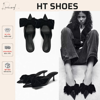 Giày sục sandal Z mũi nhọn đính nơ nhung đế 5cm giày da trơn bóng phong cách retro Pháp cá tính thanh lịch Fullbx #5018