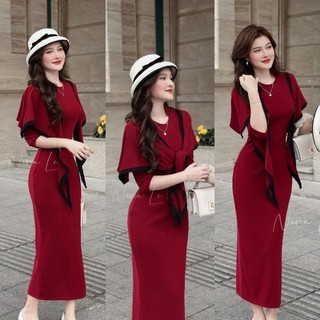 🛒 Đầm Tay Lỡ Cổ Tròn Kèm Khoác Choàng Phối Viền - Dài Midi Ôm Body Sexy - Tiểu Thư Bánh Bèo Cute Sang Chảnh Đi Chơi Tiệc