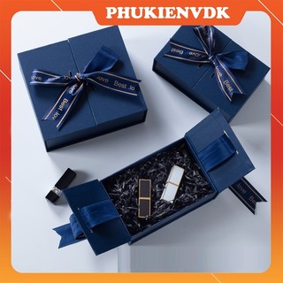 Hộp Quà Tặng Kim Tuyến Nắp Nam Châm Đựng Quà Thắt Nơ Màu Xanh Dương Cao Cấp