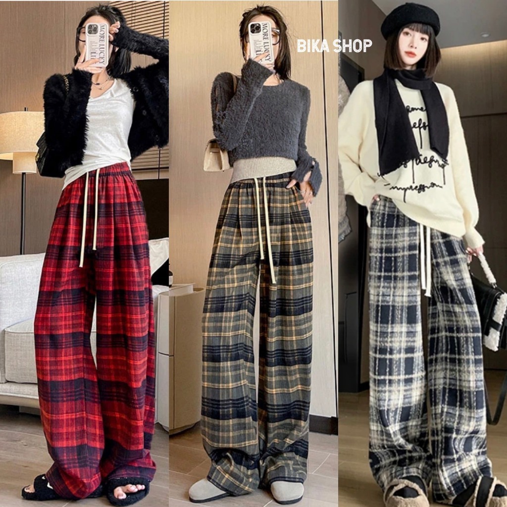 Quần Ống Rộng Kẻ CaRo Cạp Cao Lưng Thun Có Dây Rút Hàng Đẹp Siêu Hót