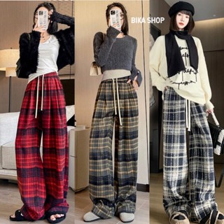 Quần Ống Rộng Kẻ CaRo Cạp Cao Lưng Thun Có Dây Rút Hàng Đẹp Siêu Hót