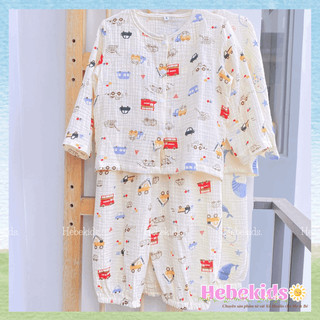 Bộ dài tay cho bé gái, bé trai, bộ mặc nhà cho bé chất xô muslin mềm mịn Hebekids