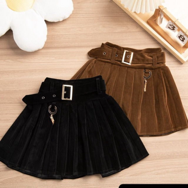 Chân Váy nhung xếp ly kèm dây lưng cho bé gái size đại