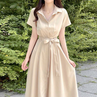 Đầm sơ mi dáng xoè thắt eo basic tone nude trắng