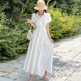 Đầm sơ mi dáng xoè thắt eo basic tone nude trắng