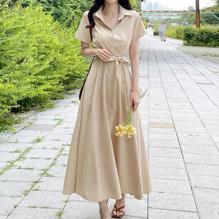Đầm sơ mi dáng xoè thắt eo basic tone nude trắng