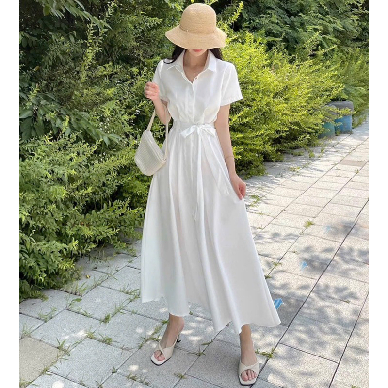 Đầm sơ mi dáng xoè thắt eo basic tone nude trắng