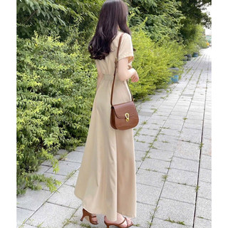 Đầm sơ mi dáng xoè thắt eo basic tone nude trắng