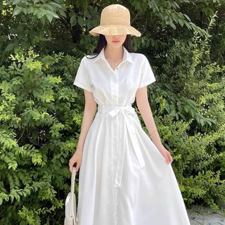 Đầm sơ mi dáng xoè thắt eo basic tone nude trắng