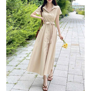 Đầm sơ mi dáng xoè thắt eo basic tone nude trắng
