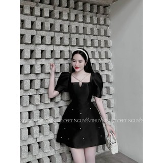 Đầm thời trang nữ dự tiệc chất Tapta cổ vuông xẻ phối dây tay ngắn mix dáng váy dài mini đính cườm.