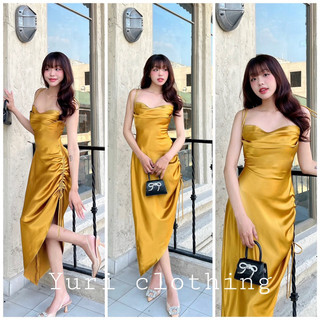 Đầm lụa thiết kếmàu Vàng sáng da, đầm hai dây xếp ly Ngực, rút dây bên sườn che bụng dưới,chất lụa  Hàn châu