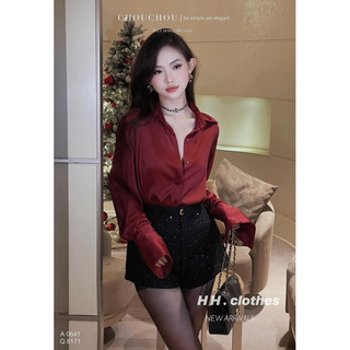 Áo sơ mi lụa đỏ xinh sang chảnh (kèm ảnh thật)