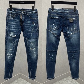 Quần jean bò nam Dsq2 biker côn xanh đậm khoá lệch rách ngang đùi gối vảy sơn tag số 2 đùi cao cấp QJ442P